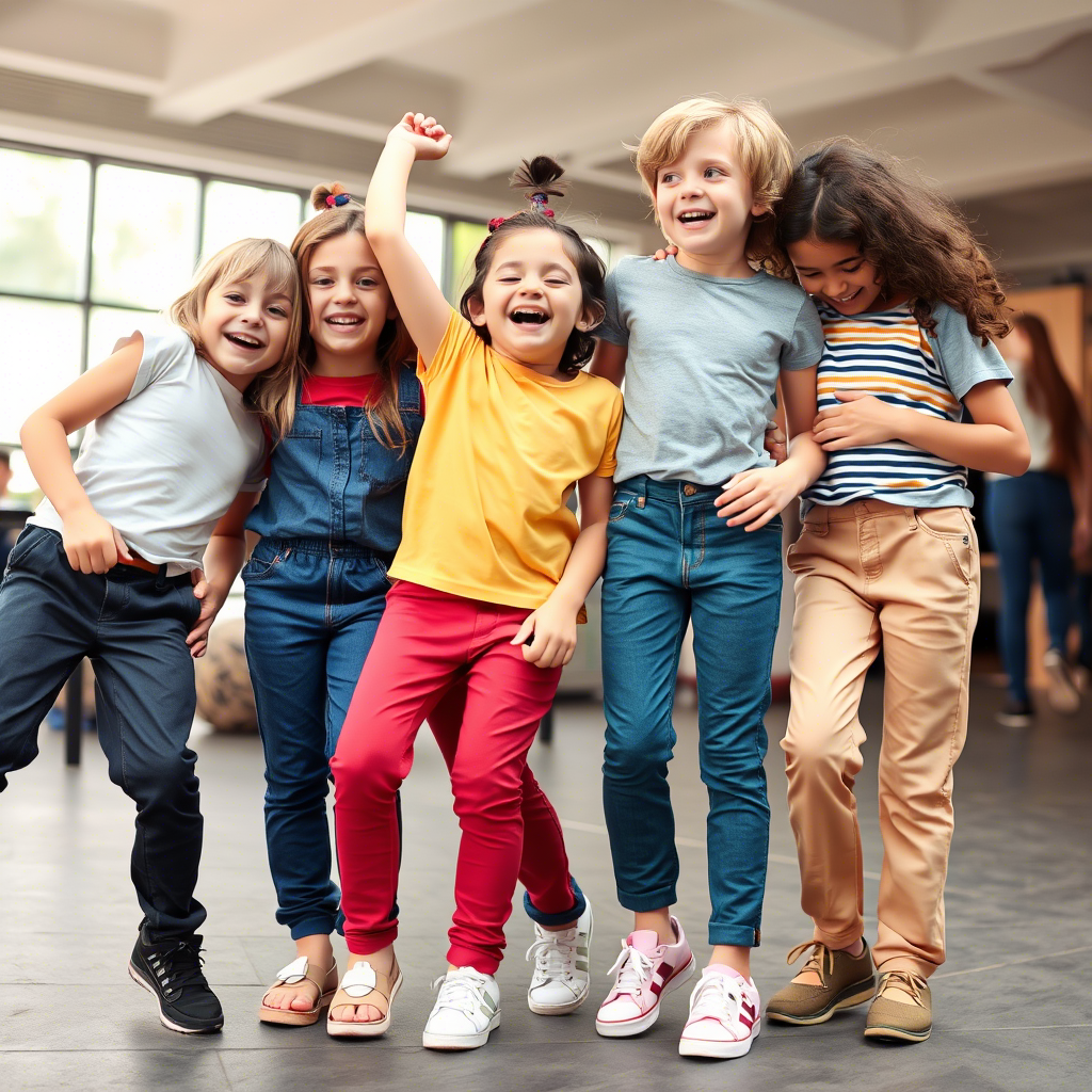 Kids in various styles of casual pants having fun together