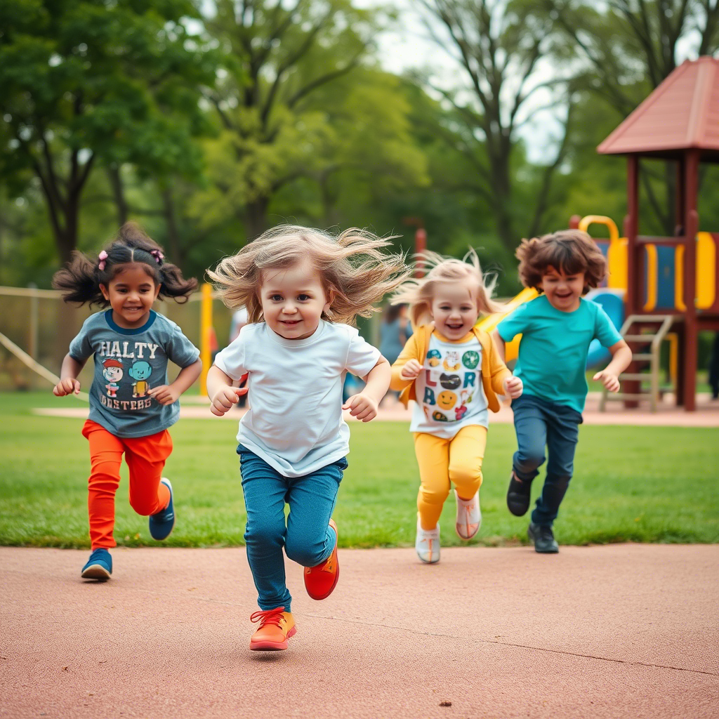 Kids in vibrant pants running in a fun outdoor playground