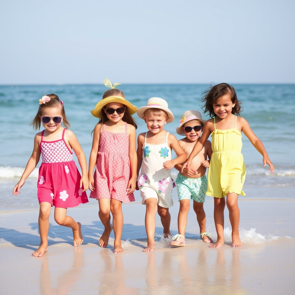 Kids in vibrant summer outfits having fun at the beach