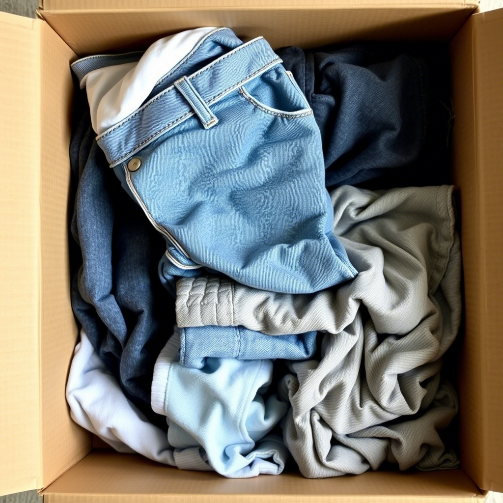 Kids jeans and pants neatly folded in a bulk packaging box