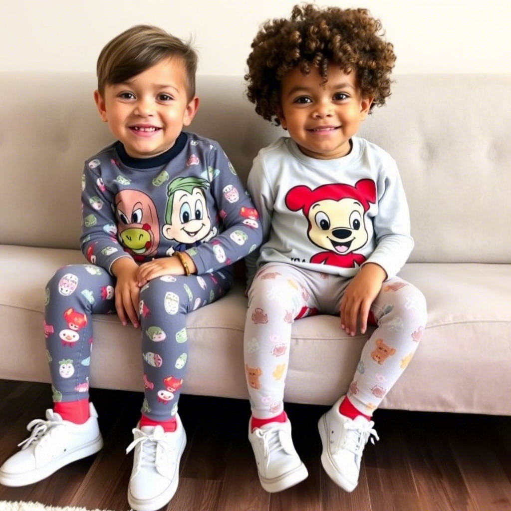 Kids jeggings with cartoon characters, sitting on a couch