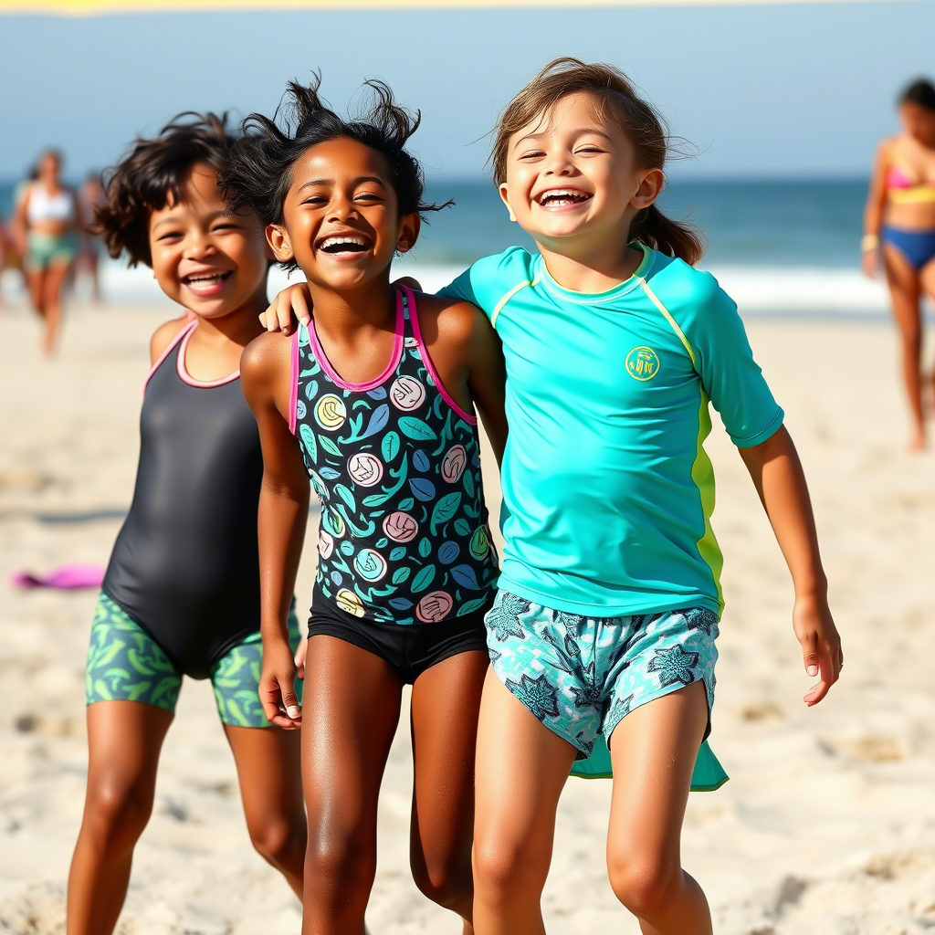 Kids laughing and playing beach volleyball in fun swimwear outfits