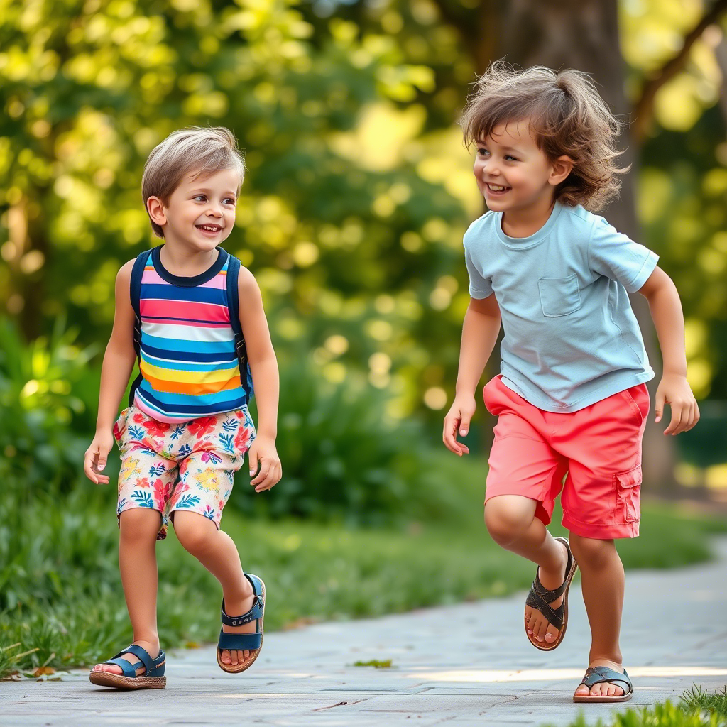 Kids laughing and playing tag in colorful summer shorts