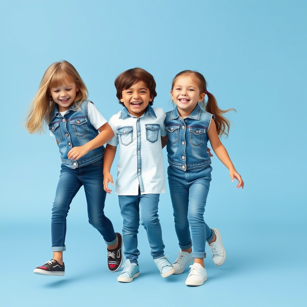 Kids laughing and playing together in matching jeans outfits