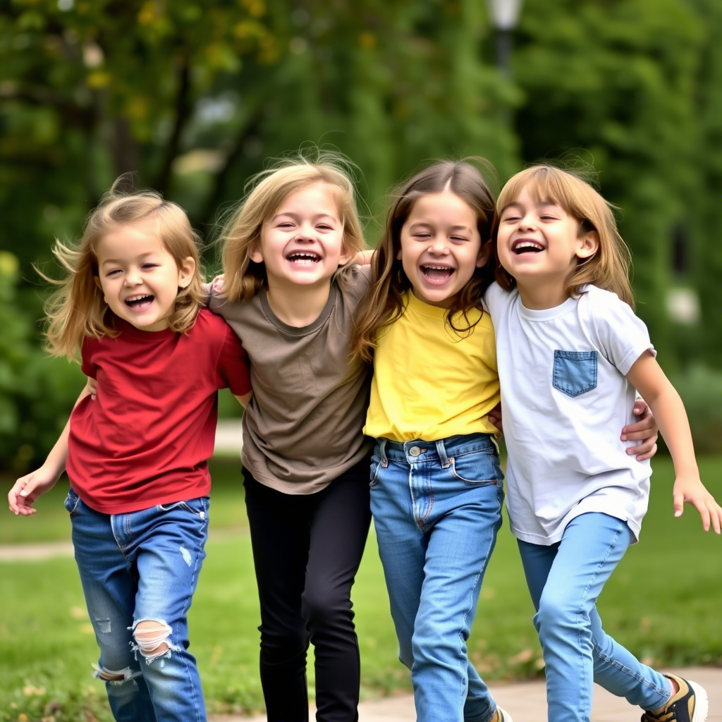 Kids laughing and playing together, wearing comfortable jeans and T-shirts
