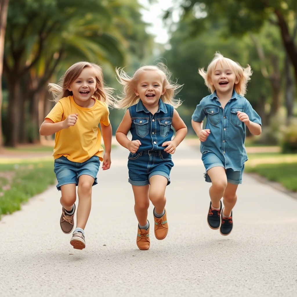 Kids laughing and running in casual jeans and shorts outfit
