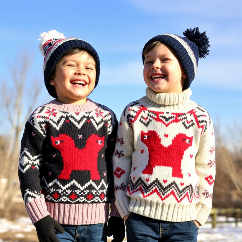 Kids laughing and wearing matching winter sweaters outdoors