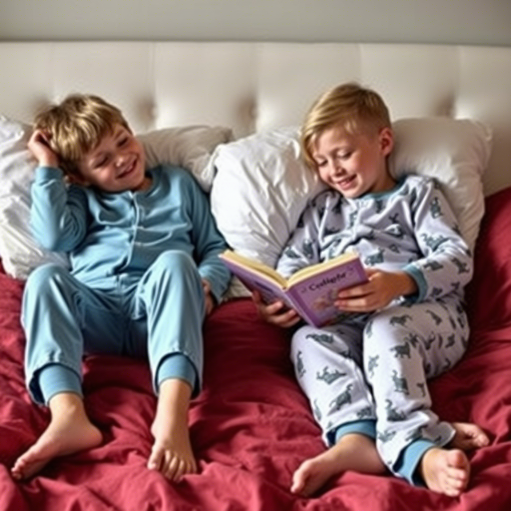 Kids lounging in comfortable pajamas, playing or reading before bedtime