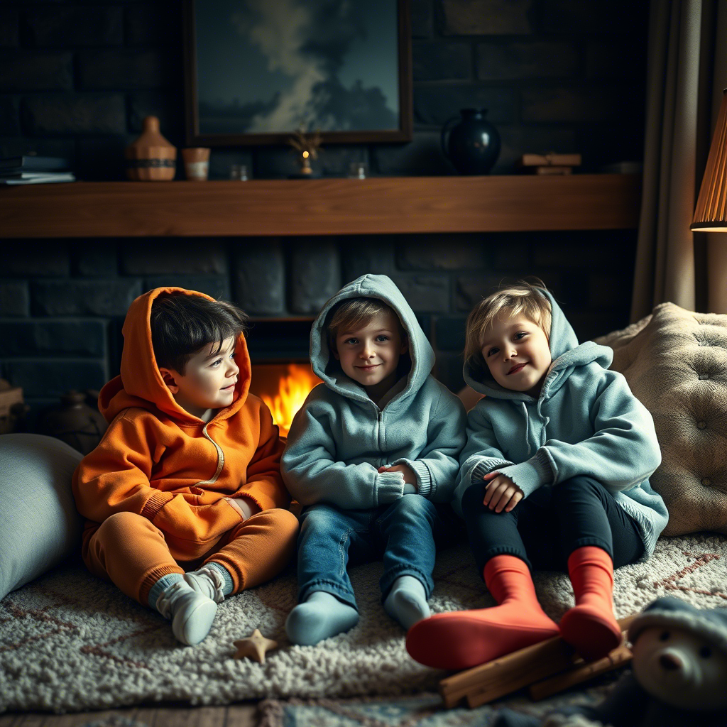 Kids lounging in oversized hoodies by a warm fireplace