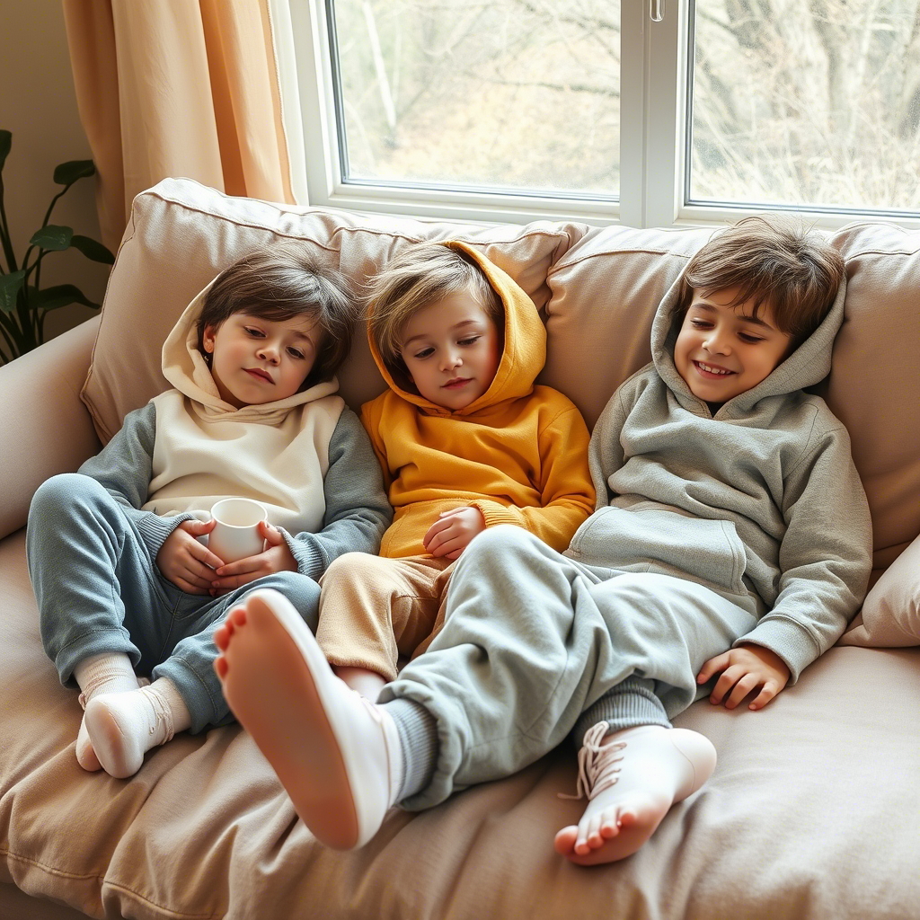 Kids lounging in soft hoodies and sweatpants on a lazy weekend afternoon
