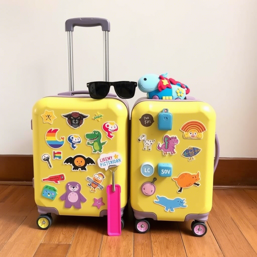 Kids’ luggage with colorful stickers and fun travel accessories