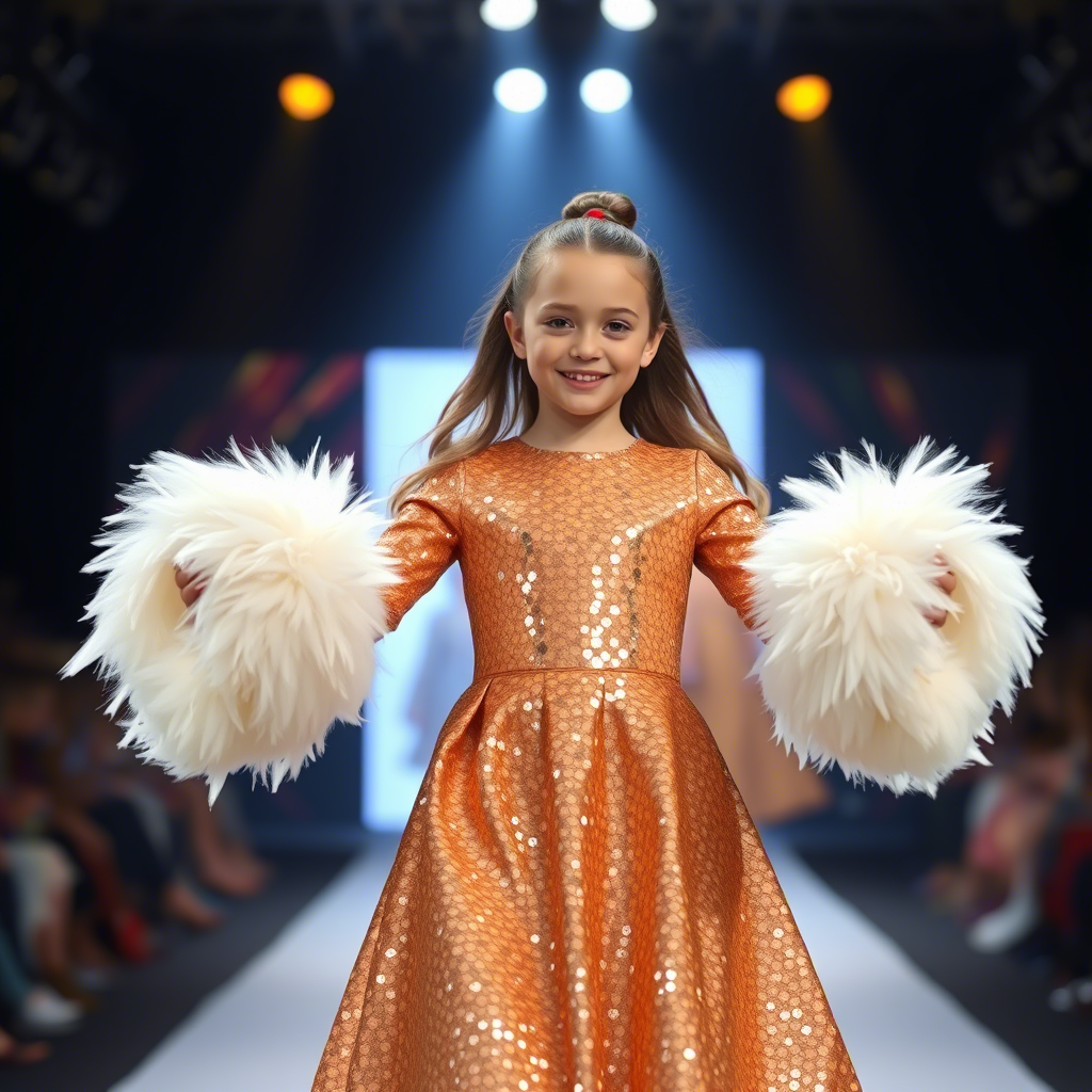Kids model showcasing glittering gold sequined dress with fluffy sleeves on a catwalk