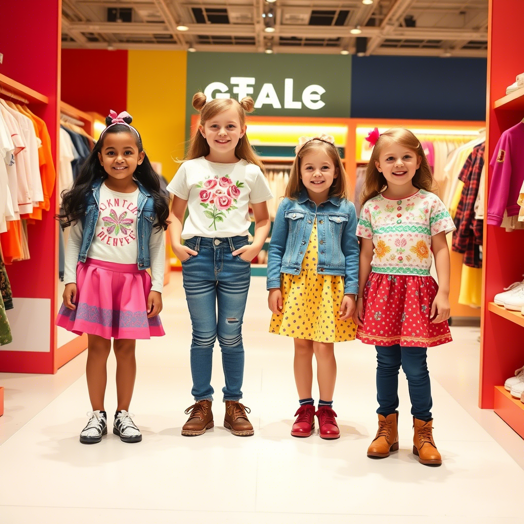 Kids modeling adorable outfits in a colorful online store catalog setting