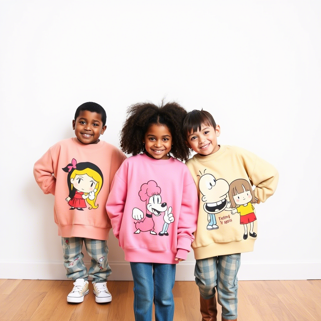 Kids modeling oversized sweatshirts with cartoon characters