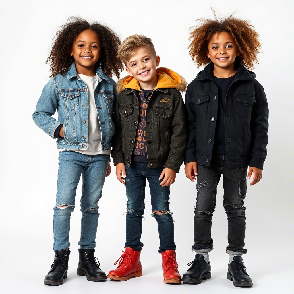 Kids modeling stylish jeans and jackets for wholesale market sale