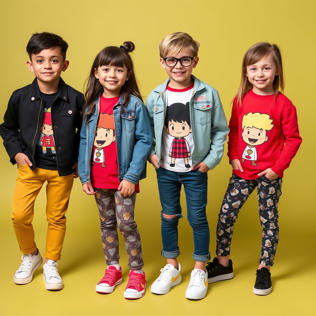 Kids modeling stylish outfits with cartoon character prints