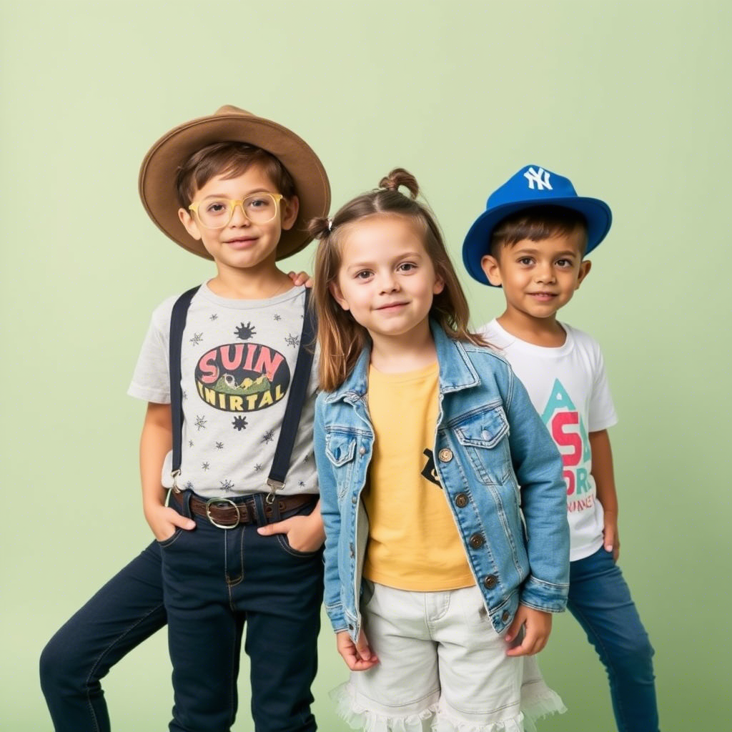 Kids modeling trendy outfits, wholesale clothing tags and labels visible