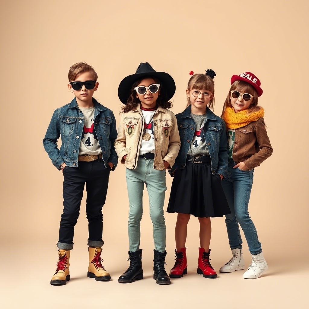 Kids modeling trendy outfits with statement accessories for a fashion brand campaign