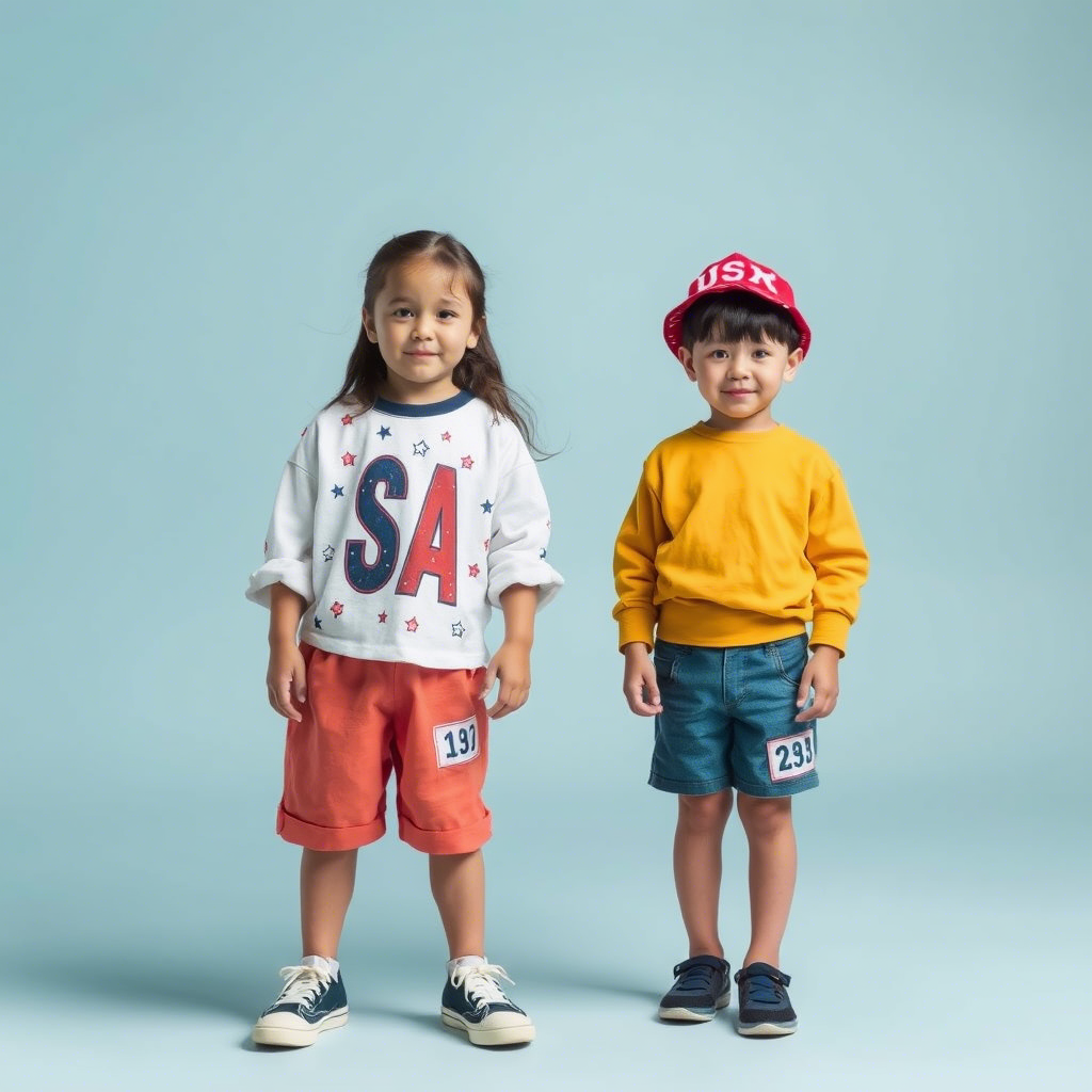 “Kids modeling USA-exported clothing with Chinese manufacturing labels”