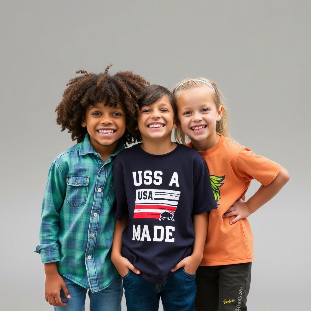 Kids modeling USA-made clothing with big smiles