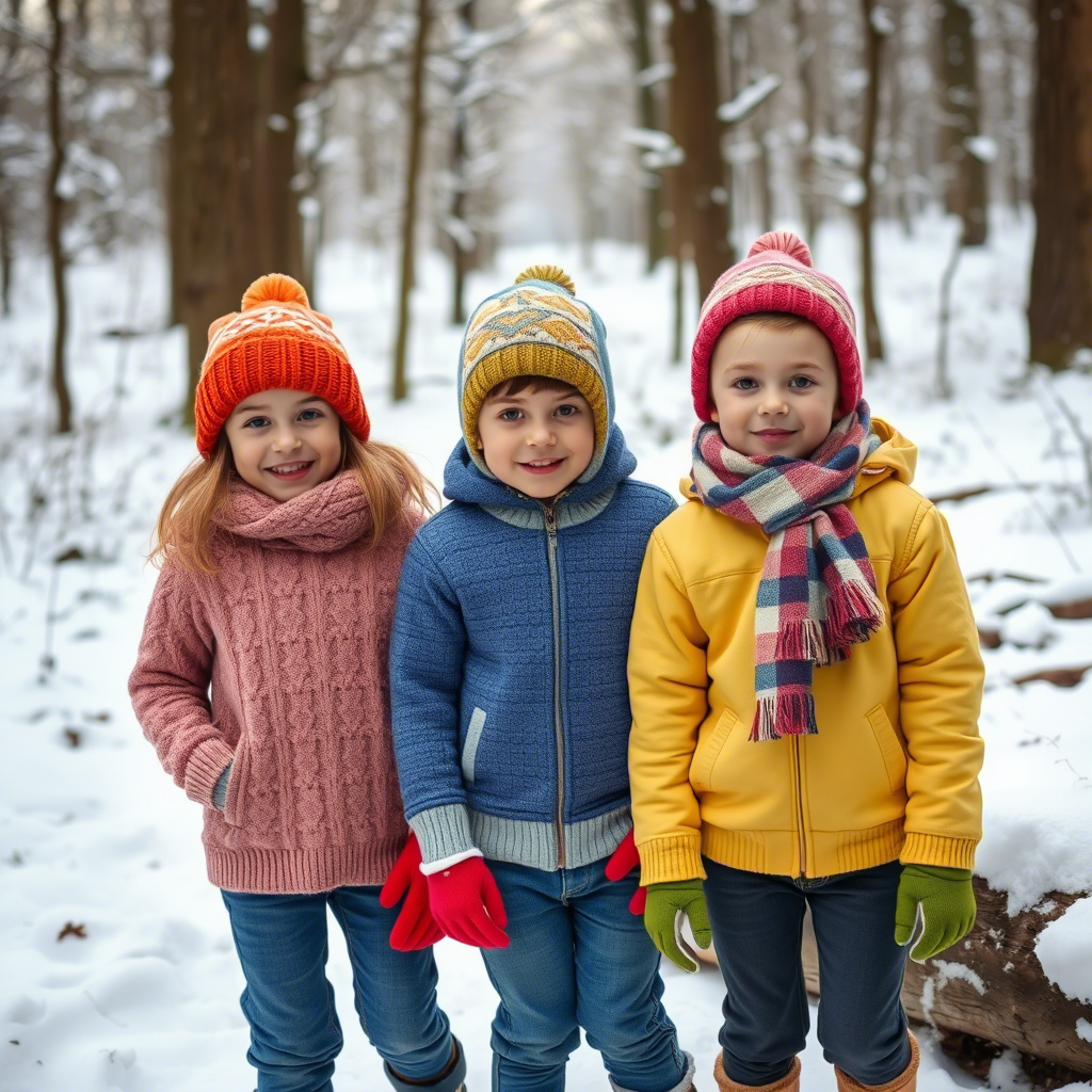 Kids modeling warm sweaters and jackets in a snowy forest scene