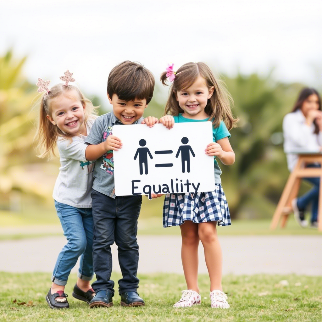 Kids of different genders playing together with equality sign