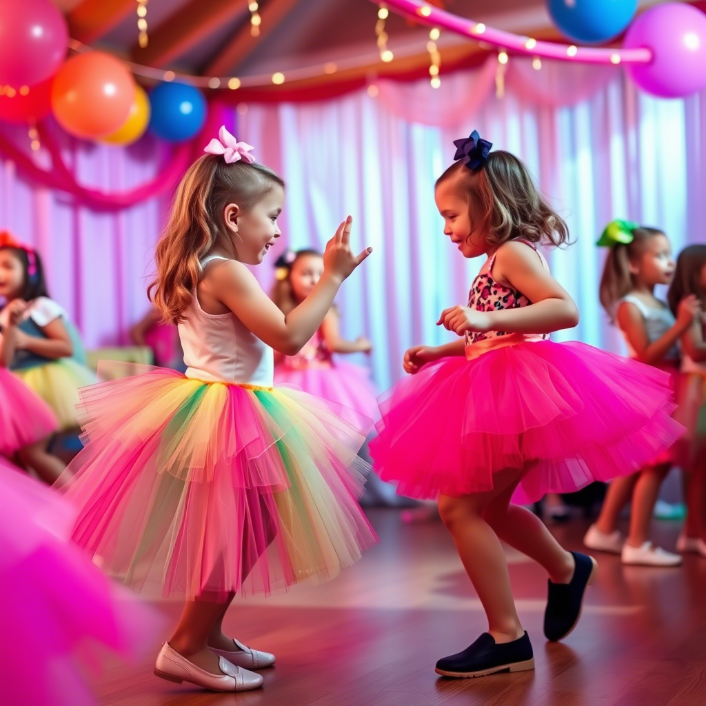 Kids party scene with girls in colorful tutu skirts dancing