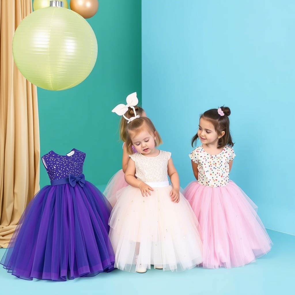 Kids party wear collection featuring tutu skirts and sparkly tops