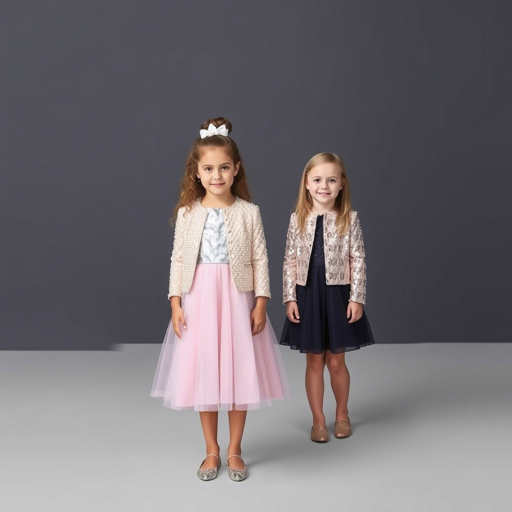 Kids party wear featuring sequin dresses and matching jackets for girls