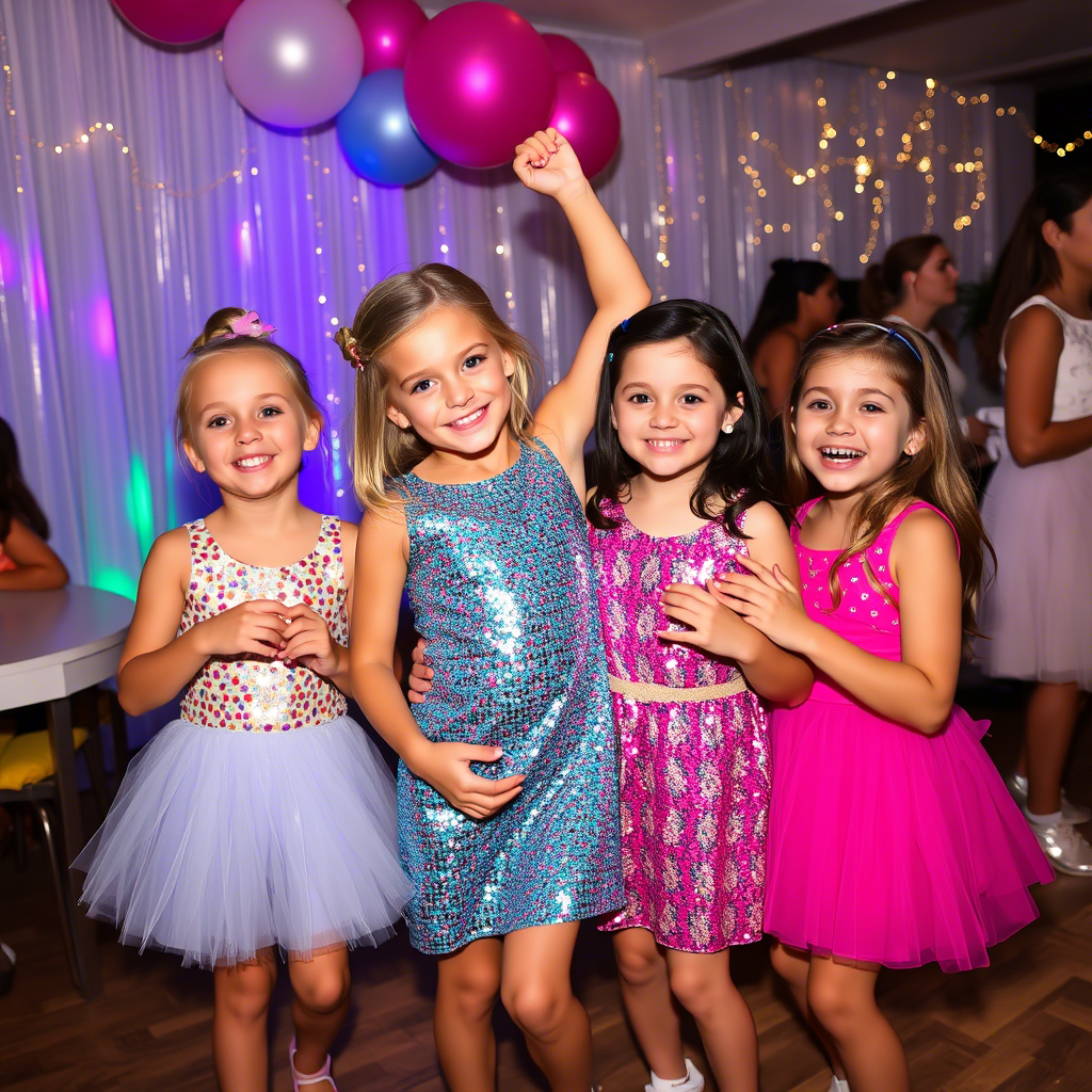 Kids party with girls in sparkly sequin dresses having fun