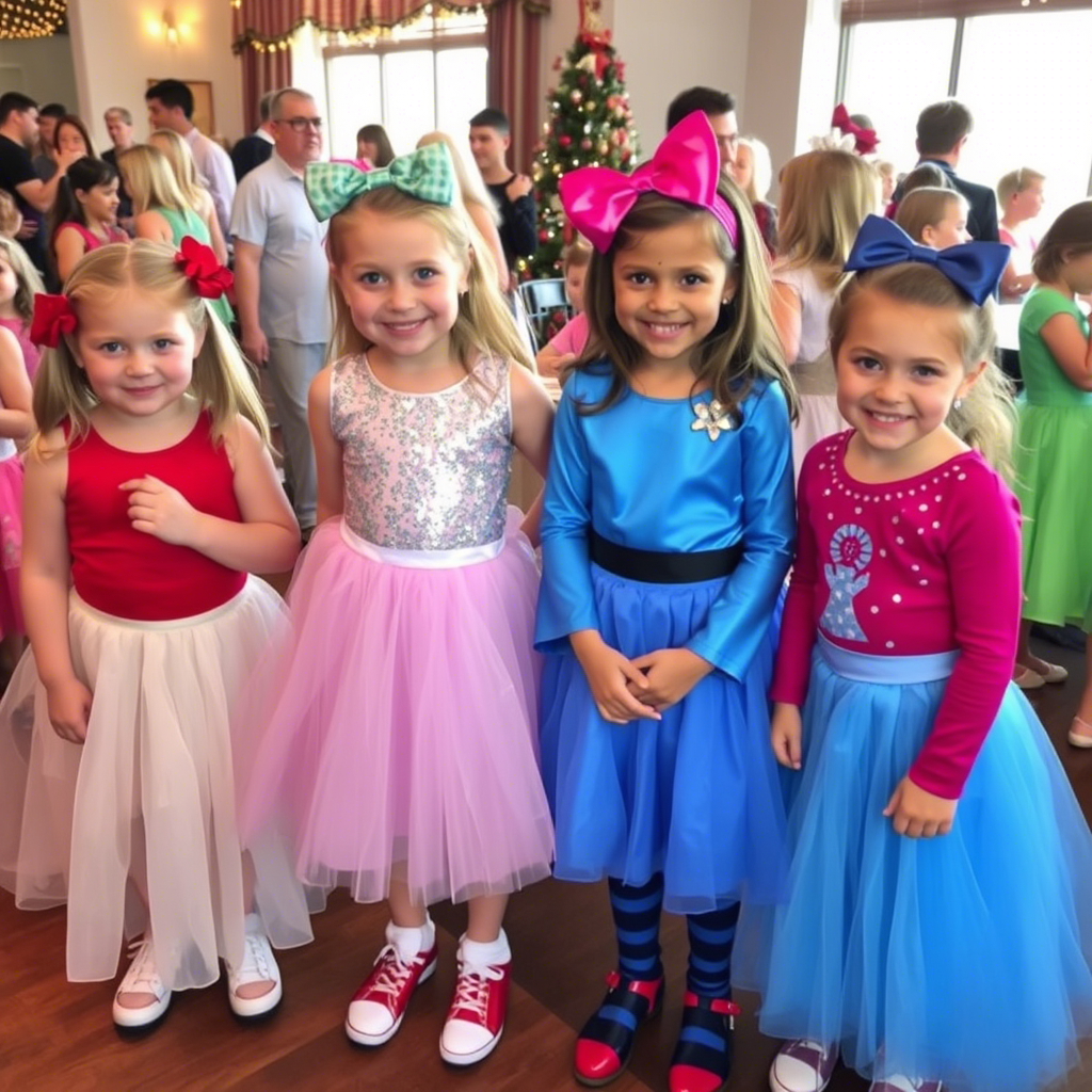 Kids party with girls in sparkly skirts and festive outfits