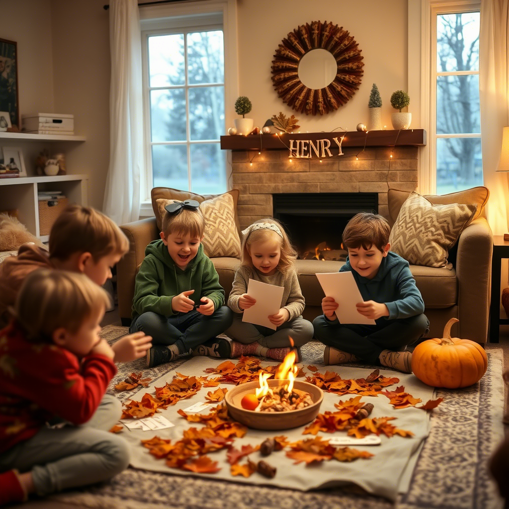 Kids playing a Thanksgiving scavenger hunt in a cozy living room