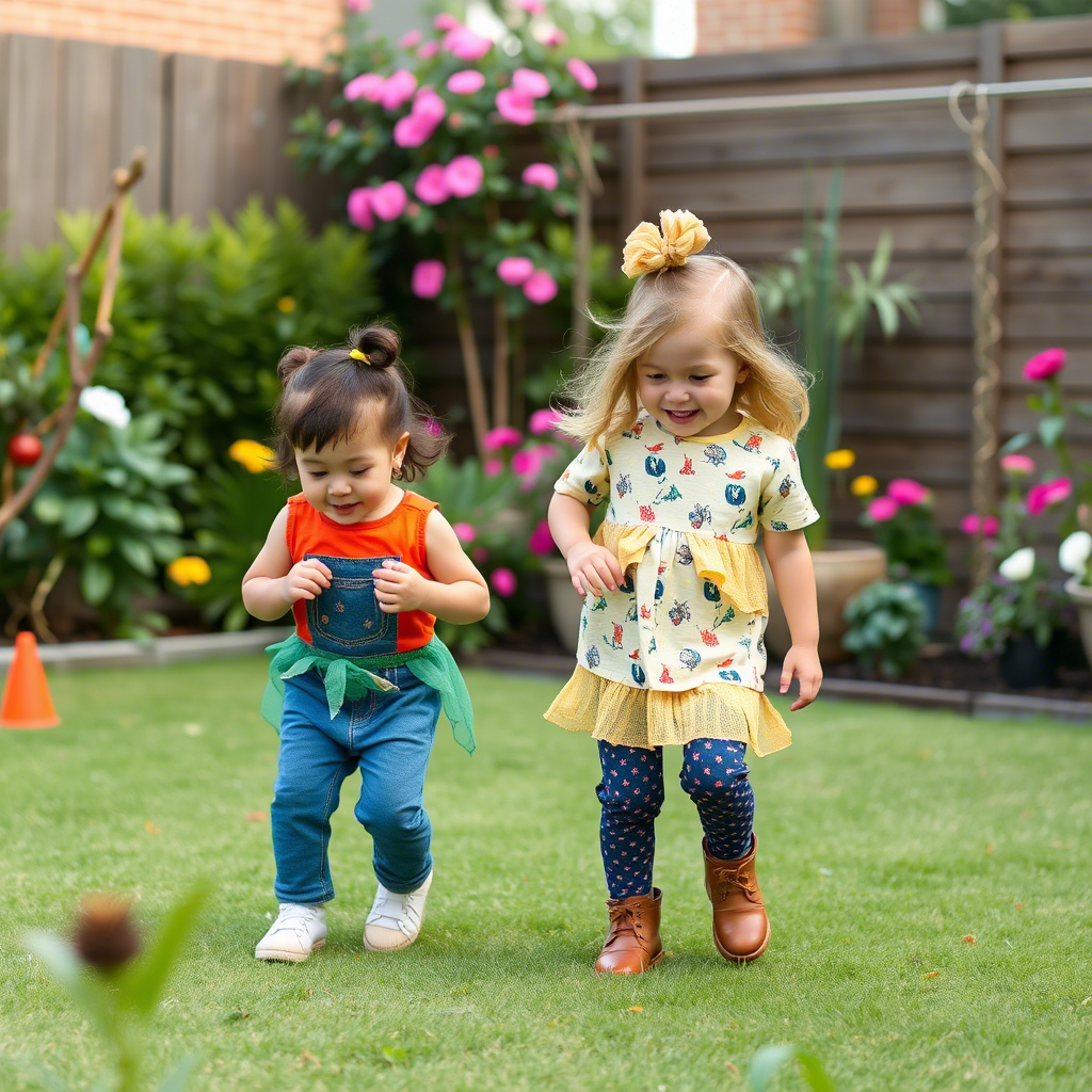 Kids playing in a garden wearing stylish outfits for kids clothing brand