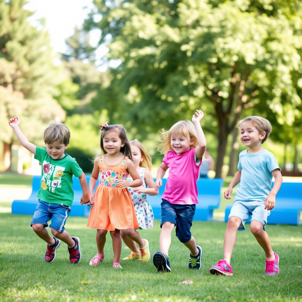 Kids playing in a park wearing colorful summer clothing