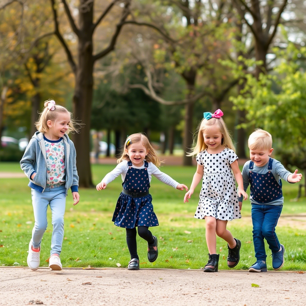 Kids playing in a park wearing outfits from US clothing factories