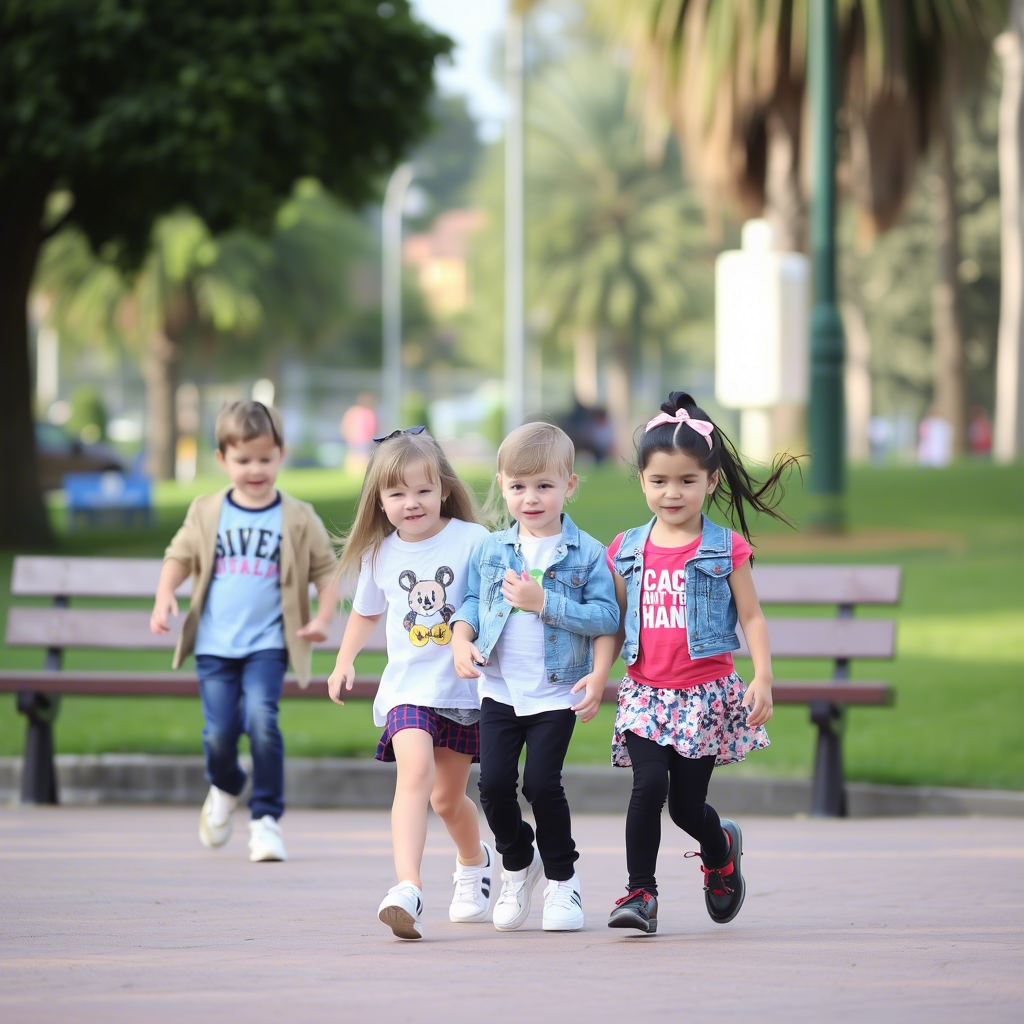 Kids playing in park wearing trendy casual outfits