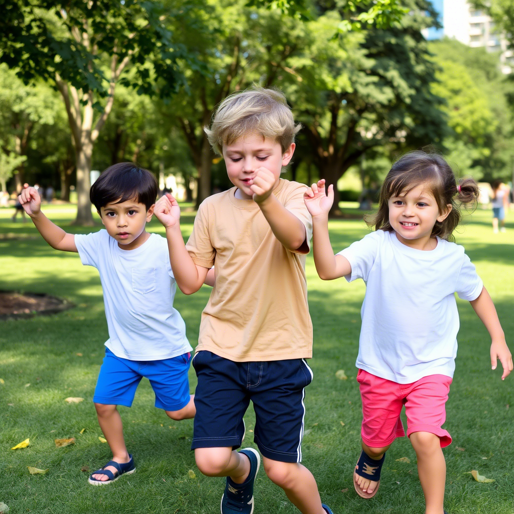 Kids playing in the park wearing comfortable shorts and t-shirts