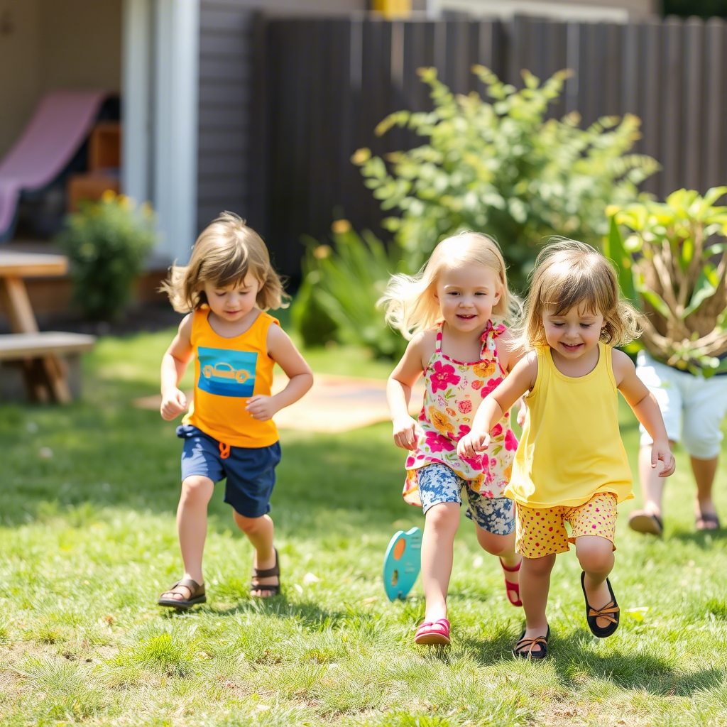 Kids playing outside in colorful summer clothing