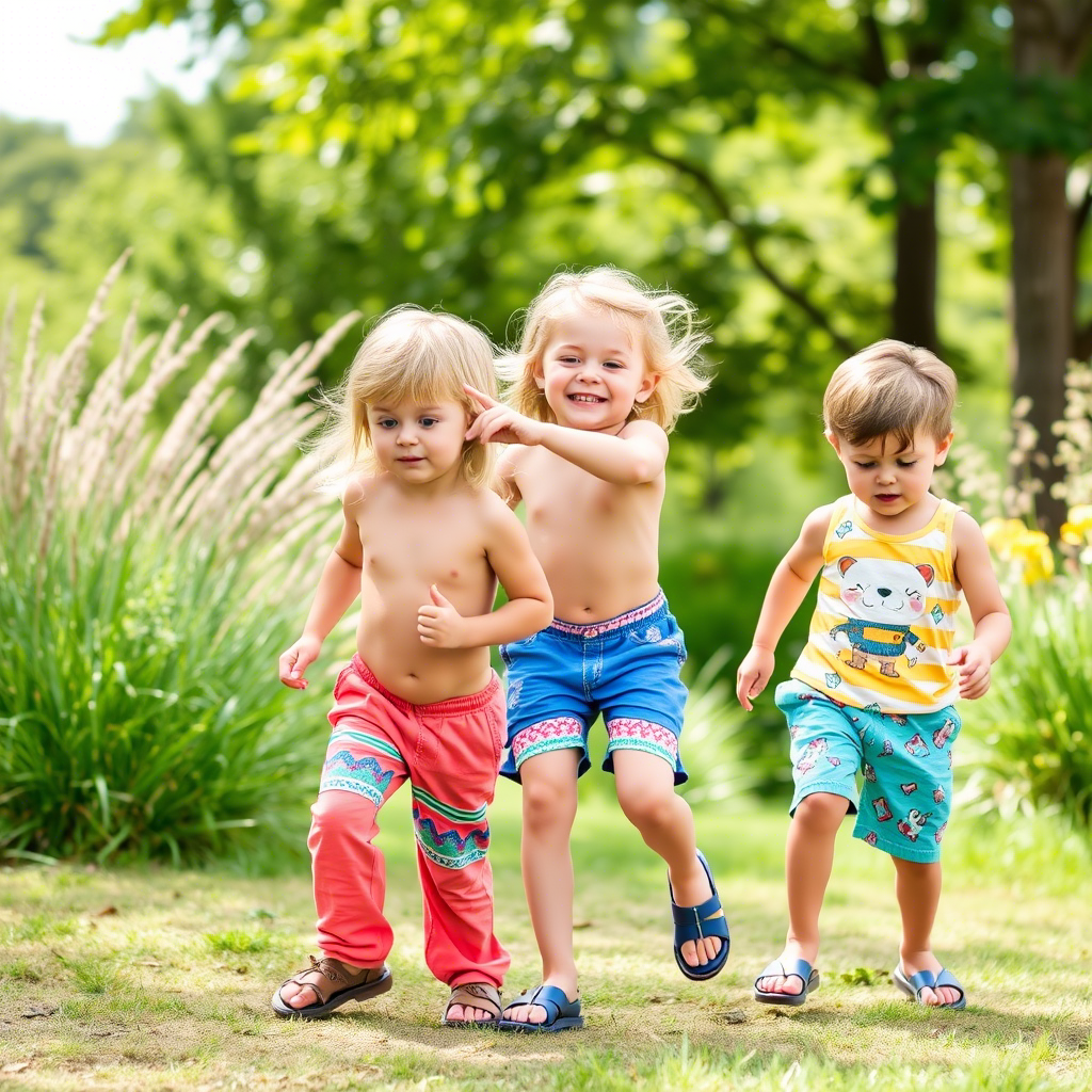 Kids playing outside in colorful summer pants and shorts