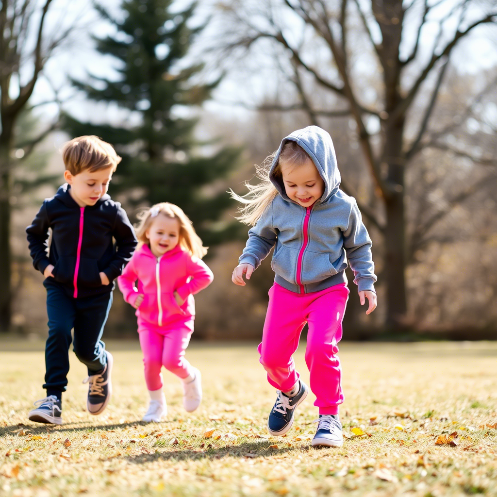 Kids playing outside in matching hoodies and sweatpants