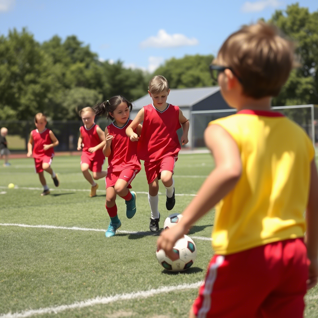 Kids playing soccer in red shorts and sleeveless shirts on a sunny day