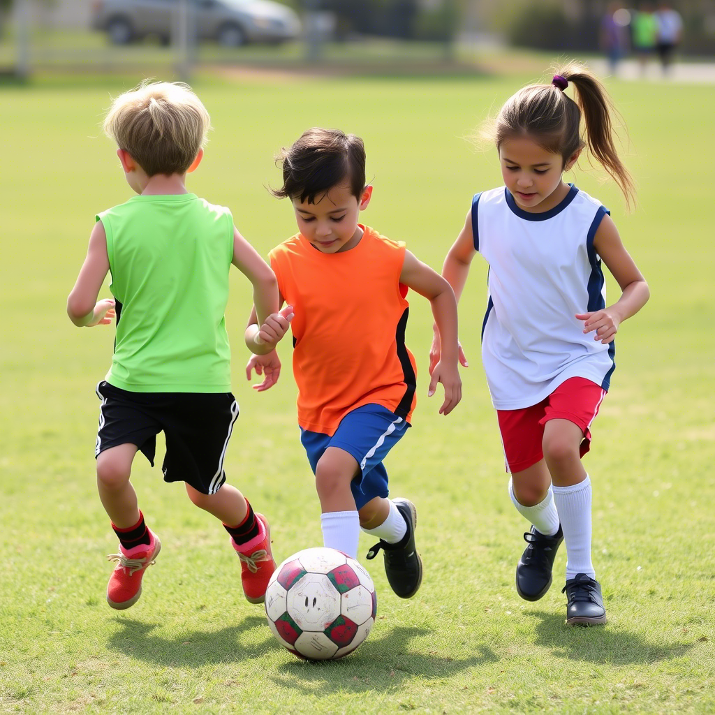 Kids playing soccer in sleeveless shirts and athletic shorts