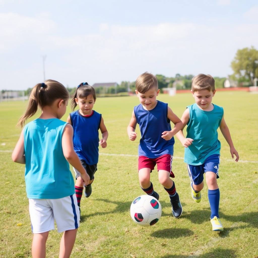 Kids playing soccer in sleeveless tees and athletic shorts