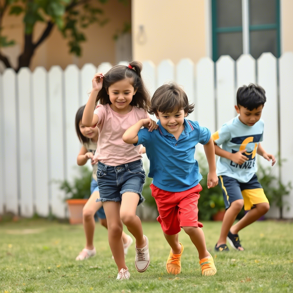 Kids playing tag wearing vibrant jeans and shorts