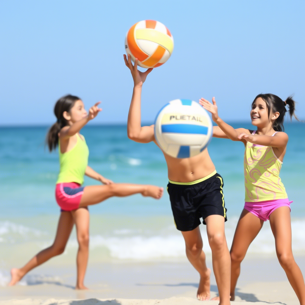 Kids playing volleyball near ocean with vibrant swimwear