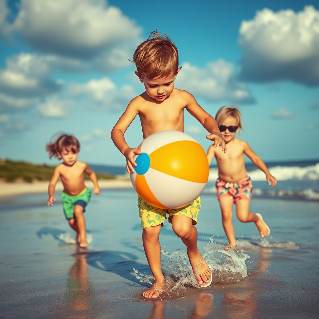 Kids playing with beach ball in vibrant summer shorts