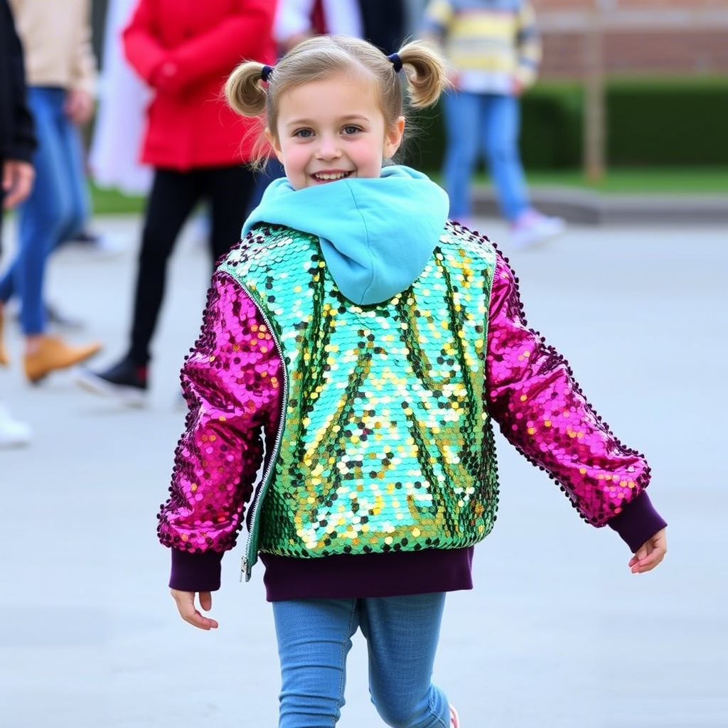 Kids sequined jacket fashion, colorful and vibrant, outdoor setting