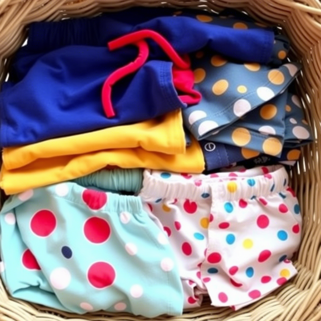 Kids’ shorts and pajamas in various colors and patterns, stacked in a basket
