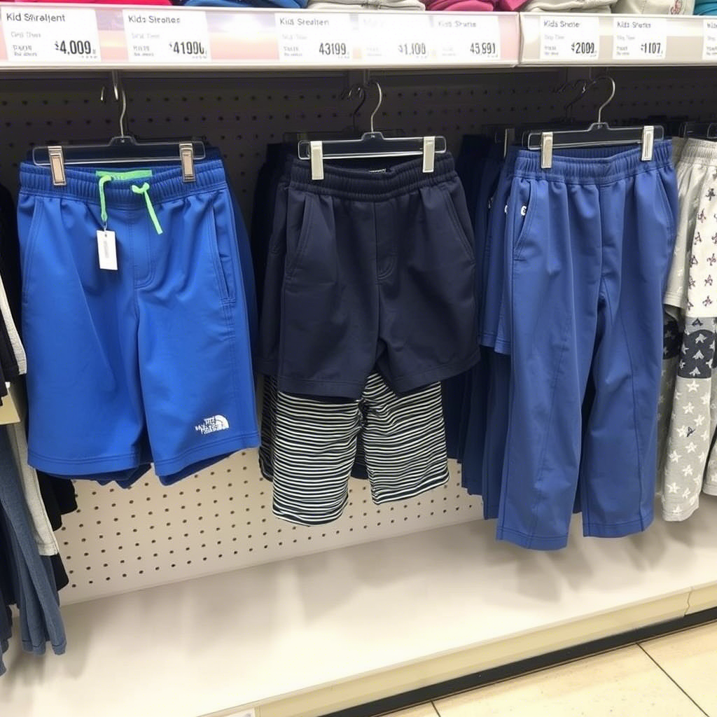Kids’ shorts and pants arranged neatly on a retail shelf
