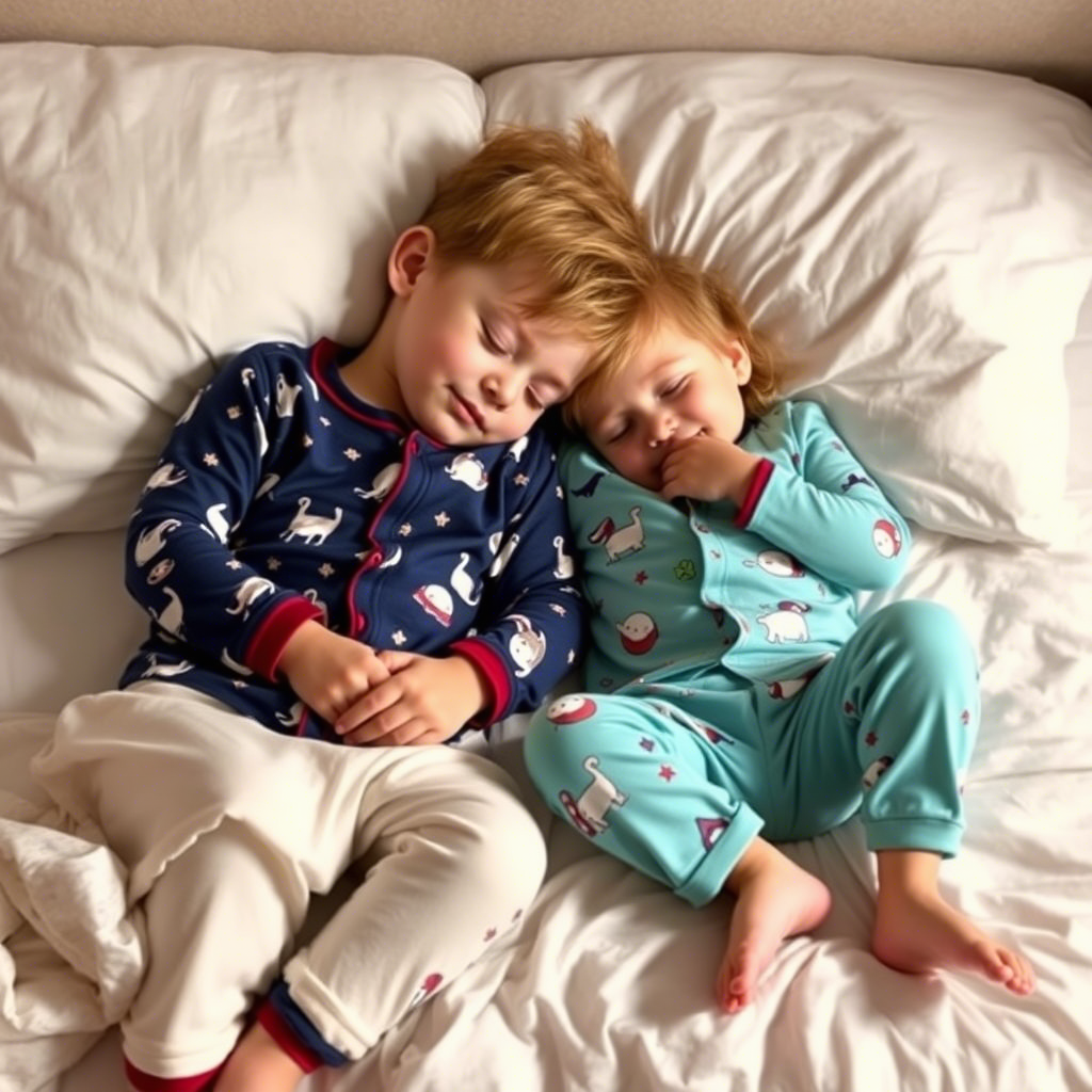 Kids snuggled up in adorable pajama sets, sleeping peacefully in a serene night environment